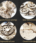 Close-up view of 3D Puzzle Kit For Adults: Mechanical Music Box Model Build showing detailed flower, gears, love heart, and cloud designs.