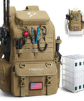52L Fishing Tackle Backpack With Rod Holders And Four Tackle Boxes, Water Resistant Gear Bag in Khaki with tools displayed