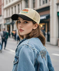 Woman wearing RV Pilot Vibes Camper Road Trip Trucker Hat For Adventure Lovers Adjustable Back Buckle Cap in urban setting