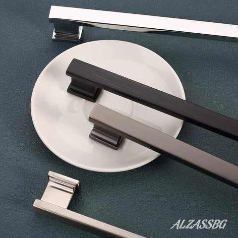 10 Pack Brushed Satin Nickel Cabinet Pulls With 5 Inch Hole Centers for cabinets and drawers displayed on plate.