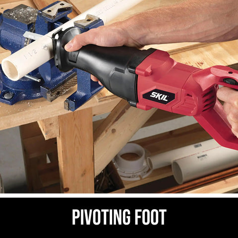 Using the Beast Power 7.5 Amp Variable Speed Reciprocating Saw With Toolless Blade Change on pipe, showing pivoting foot.