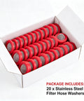 Fresh 20 Piece Garden Hose Washers With Stainless Steel Mesh Screen Filter And Rubber Seal For 1 Inch Water Supply Anti Clog Repair Kit That Keeps Nozzles Flowing Smoothly For Washing Machines And Outdoor Hydration Jobs. 20 red mesh hose washers in a box