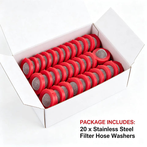 Fresh 20 Piece Garden Hose Washers With Stainless Steel Mesh Screen Filter And Rubber Seal For 1 Inch Water Supply Anti Clog Repair Kit That Keeps Nozzles Flowing Smoothly For Washing Machines And Outdoor Hydration Jobs. 20 red mesh hose washers in a box