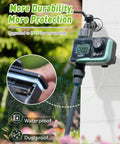Outdoor Sprinkler Timer For Garden Hose With Large LCD Screen, attached to faucet, showcasing waterproof design.