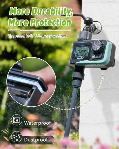 Outdoor Sprinkler Timer For Garden Hose With Large LCD Screen, attached to faucet, showcasing waterproof design.