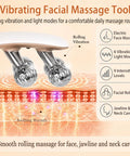 Wireless Face Massager With 8 Roller 3D Face Roller LED Light Therapy Massager for Jawline Sculpting showing materials and effects