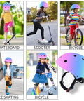 Adjustable Color Gradient Kid Bike Helmet For Ages 2 To 14 Kid Friendly Multi Sport Safety Gear For Cycling Skateboard Scooter Inline Skates And Rollerblading With Double Adjustment Dial And Skin Friendly Chin Strap shown in various sports use by children