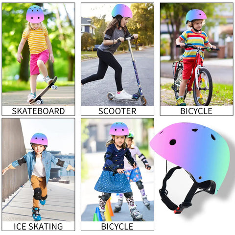 Adjustable Color Gradient Kid Bike Helmet For Ages 2 To 14 Kid Friendly Multi Sport Safety Gear For Cycling Skateboard Scooter Inline Skates And Rollerblading With Double Adjustment Dial And Skin Friendly Chin Strap shown in various sports use by children