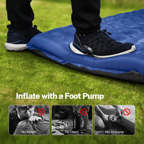 Using foot to inflate 6 Inch Thick Camping Sleeping Pad With Built In Foot Pump on grass