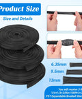 Three Piece Braided Cable Sleeving Kit Black Flame Retardant Nylon Wire Looms showing sizes 6.35mm, 9.5mm, and 13mm