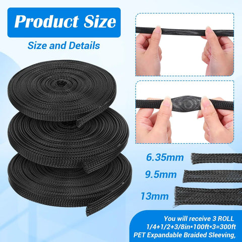 Three Piece Braided Cable Sleeving Kit Black Flame Retardant Nylon Wire Looms showing sizes 6.35mm, 9.5mm, and 13mm