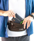 Person using RFID Blocking Travel Sleeves Set With Color Coding Navy Blue Unisex Wallet to store cards and passport in a pouch