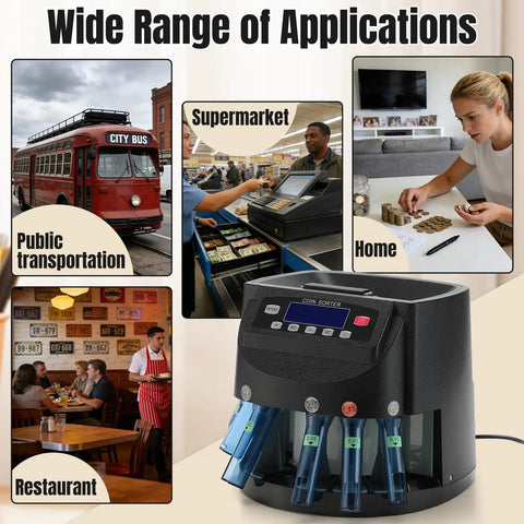 Automatic Coin Counter And Sorter With LCD Display That Rolls Through 270 Coins Per Minute, 300 Coin Capacity, shown in diverse use cases