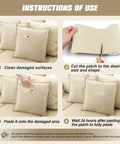 Instructions for using Premium Heavy Duty Canvas Repair Patches on damaged cushions, illustrating cleaning and patching steps.