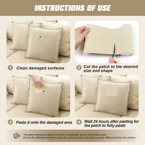 Instructions for using Premium Heavy Duty Canvas Repair Patches on damaged cushions, illustrating cleaning and patching steps.