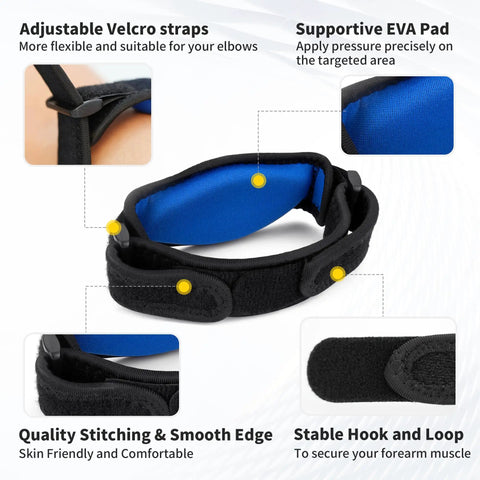 2 Pack Tennis Elbow Brace Strap for Tendonitis Pain Relief with contoured EVA pad and adjustable Velcro straps, black