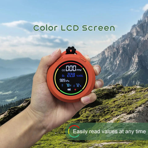 Hand holding 5 In 1 Rechargeable Oxygen Monitor With CO And O2 Readouts, showing color LCD screen readouts for camping.