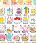 Absolutely Iconic 36 Piece Acrylic Easter Pins Bulk Kit Packing Mega Cute Bunny And Bright Egg Lapel Brooches For Epic Spring Festivities size chart with various designs and measurements.