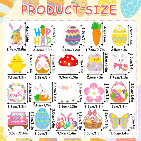 Absolutely Iconic 36 Piece Acrylic Easter Pins Bulk Kit Packing Mega Cute Bunny And Bright Egg Lapel Brooches For Epic Spring Festivities size chart with various designs and measurements.