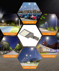 Triple-Setting LED Parking Lot Light With 150W 120W 90W Options, 5000K Dusk-To-Dawn Shoebox Flood, IP65 UL Listed in various outdoor applications