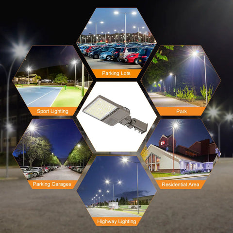 Triple-Setting LED Parking Lot Light With 150W 120W 90W Options, 5000K Dusk-To-Dawn Shoebox Flood, IP65 UL Listed in various outdoor applications