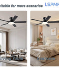 Modern 52 Inch Low Profile Ceiling Fan With Nifty Smart App And Wireless Remote in living room and bedroom settings.