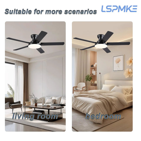 Modern 52 Inch Low Profile Ceiling Fan With Nifty Smart App And Wireless Remote in living room and bedroom settings.