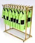 Heavy Duty Double Row Rolling Garment Rack With Twenty Bars For Life Vests And Wetsuits Ventilated Drying Shelf displaying green overalls.