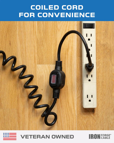 Slick Eight Foot Coiled Extension Cord With 16 Gauge Copper Wiring And Rock Solid Waterproof Power Switch on wood floor.