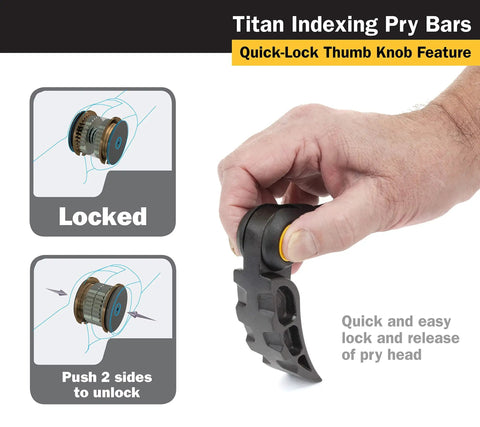Close-up of hand using quick-lock thumb knob on Beefy Indexable Pry Bar 33 Inch With 180 Degree Rotating Head Eleven Fixed Angles