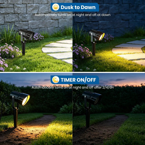 All In One Low Voltage Landscape Lighting Kit with Six 6W LED Spot Lights 100W Transformer 50 Feet Cable 12 Connectors Waterproof Outdoor Lights For Garden Pathways And Trees 2700K 12 To 24V 6 Pack showing dusk to dawn and timer features