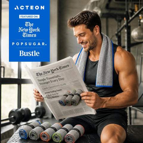 Level Up Your Grind With These 5 Pack Microfiber Gym Towels Quick Dry Silver Ion Odor Free Sweat Towel displayed on a man.