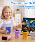 1000X Handheld Digital Microscope For Kids With USB Connection Real Time Live View Easy To Use Macro Zoom For Leaves Insects Coins Textures Fabrics And Stamps Kid Friendly STEM Toy In A Bright Blue Color, child using blue microscope with laptop