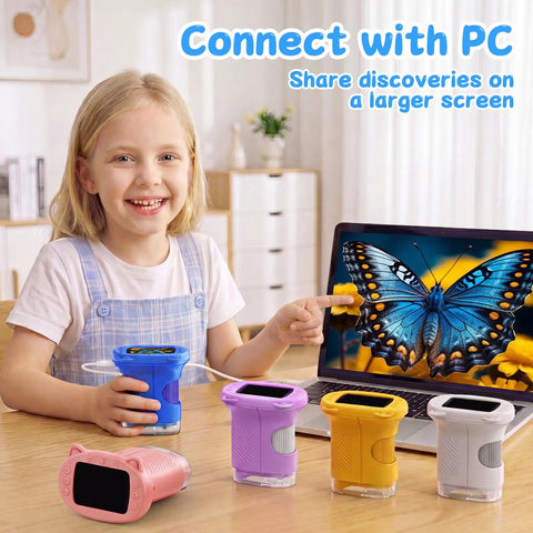 1000X Handheld Digital Microscope For Kids With USB Connection Real Time Live View Easy To Use Macro Zoom For Leaves Insects Coins Textures Fabrics And Stamps Kid Friendly STEM Toy In A Bright Blue Color, child using blue microscope with laptop