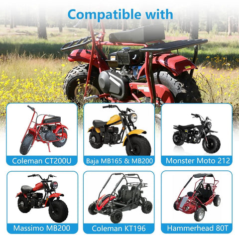 High Flow Air Filter Kit For Predator 212cc 196cc Mini Bike Go Kart 62mm Filter Fits Coleman CT200U And GX160 GX200 Clone Engines 5.5HP 6.5HP Replacement Air Intake Upgrade compatibility image featuring compatible mini bikes and go karts.