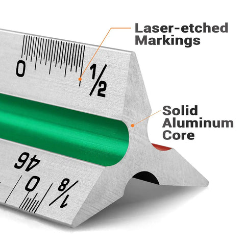 Close-up of the 12 Inch Architectural Scale Ruler Triangular Tool Color Coded For Drafting And Blueprints showing aluminum build.