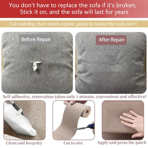 Before and after using Dark Gray Self Adhesive Linen Repair Tape For Couch Sofa Patch No Sweat Diy Fix Flexible Cut Furniture Cover Strip For Chairs Cushions Bags 4 By 70 Inches.