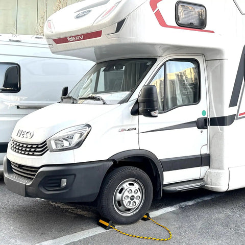 Heavy Duty Rubber Wheel Chocks With 52 Inch Rope, 2 Pair Non Slip Tire Stopper Blocks securing RV on pavement