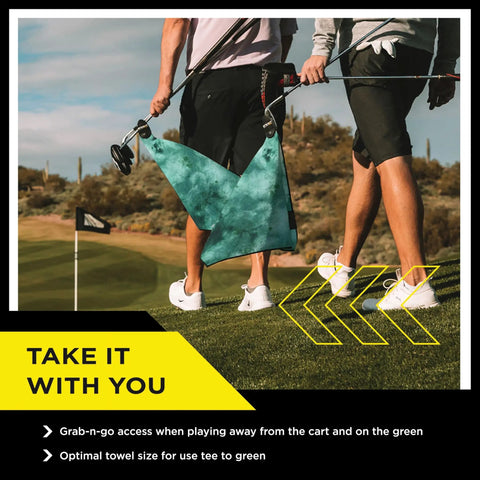 Heavy Duty Magnetic Golf Towel With Top Tier Neodymium Magnet For Carts And Clubs Ultra Absorbent Fast Drying Microfiber on golf course.