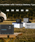 200 Watt Solar Panel Kit With Two 100W Panels And 30A PWM Charge Controller For RVs Boats Trailers Campers Off Grid Living Easy Install With Pre Drilled Back Frame Holes And Included Mounting Brackets, showing compatible battery types.