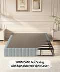 Queen Box Spring With Upholstered Fabric Cover High Profile Heavy Duty Metal Frame Foam Padded Edges Quick Setup in a stylish bedroom.