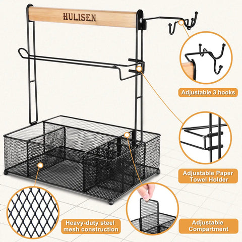 Grill Caddy With Built In Paper Towel Holder For Outdoor BBQ Grilling And Tailgating, Multi Pocket Organizer in black mesh metal.