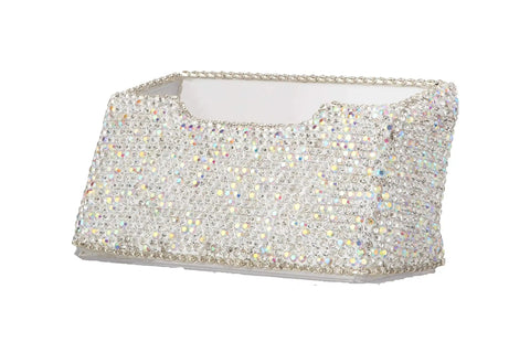 Blinged Out Business Card Holder Stand For Desk And Office, Crystal Rhinestones, White Glitter Display, Side View