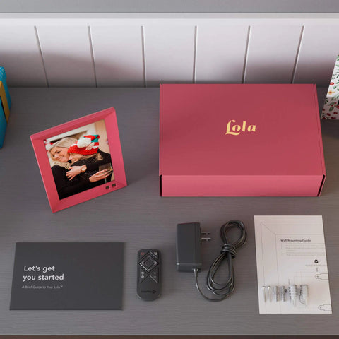 Smart Digital Picture Frame 8 Inch That Lets You Share Moments Instantly Via Email Or App In Pomegranate Finish showing setup items