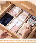 Bulk Set Of Six Small Beige Plastic Storage Baskets Perfect For Desk Drawer And Countertop Tidy Organization in a drawer with socks.