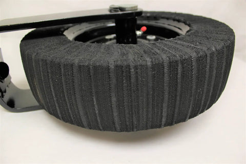 Close-up view of Heavy Duty 15 Inch Laminated Tire Idler Roller Axle with textured black rubber surface and metal yoke shaft.