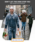 Man in Disposable Rain Ponchos For Adults 5 Pack Stay Dry On The Go No Sweat With Full 48 Inch By 40 Inch Coverage And Secure Hood