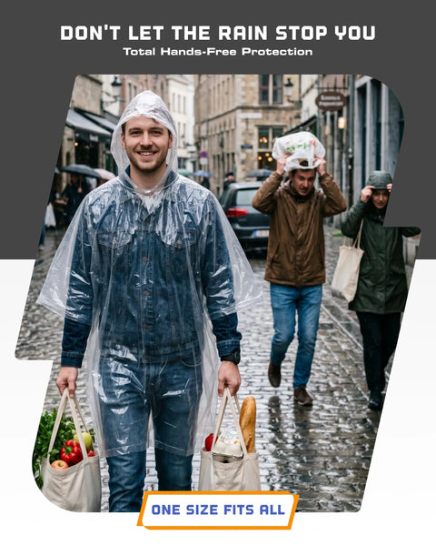 Man in Disposable Rain Ponchos For Adults 5 Pack Stay Dry On The Go No Sweat With Full 48 Inch By 40 Inch Coverage And Secure Hood