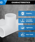 Image of white 1 Inch PVC 4 Way Tee Fitting with stability, corrosion protection, lightness, and non-toxic features highlighted.