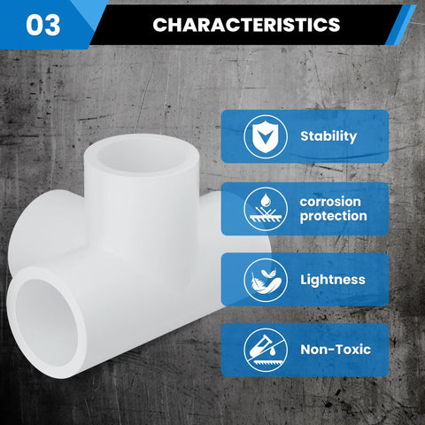Image of white 1 Inch PVC 4 Way Tee Fitting with stability, corrosion protection, lightness, and non-toxic features highlighted.